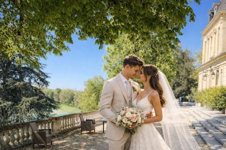 Couple de mariés sur la terrasse du Château des Bidaudières